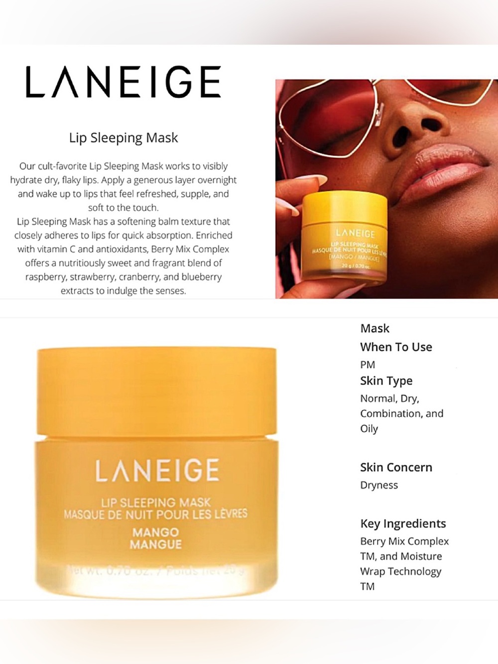 NIB Laneige MANGO 🥭 Lip Sleeping Mask Hydrate Nourish Soften Value Size 0.7 oz - Picture 8 of 12